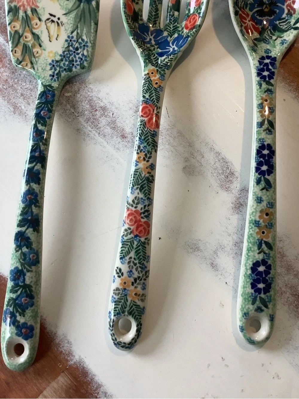 Lot Of 3 Three Polish Pottery UNIKAT serving Utensils Spoon 13”